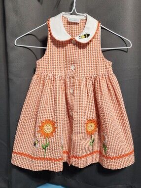 Sophie Rose Orange Gingham Sunflower Bee Dress Girls Size 4T Fall Thanksgiving